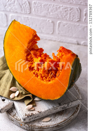 Raw sliced pumpkin with seed Raw sliced pumpkin with seed 132789367