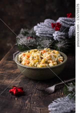 Traditional New Year russian salad Olivier Traditional New Year russian salad Olivier 132789376