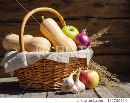 A wicker basket filled with butternut squash, apples, onions, and garlic sits on a wooden table covered with linen. The warm light and rustic textures create a classic autumn harvest still life. A wicker basket filled with butternut squash, apples, onions, and garlic sits on a wooden table covered with linen. The warm light and rustic textures create a classic autumn harvest still life. 132789524