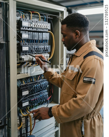 A professional electrician examines an open electrical cabinet filled with wiring and switches. The environment suggests industrial maintenance and safety-focused engineering work. 132789525