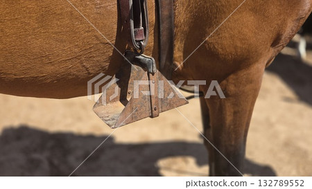 Close-up of horse saddle and stirrups on brown horse for equestrian activities 132789552