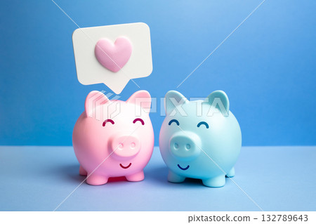 Male and female piggy banks in love. Joint bank account or savings. Gifts and savings for Valentine's Day. Love investments, and financial unity in relationships. Family budgeting, or couple banking Male and female piggy banks in love. Joint bank account or savings. Gifts and savings for Valentine's Day. Love investments, and financial unity in relationships. Family budgeting, or couple banking 132789643