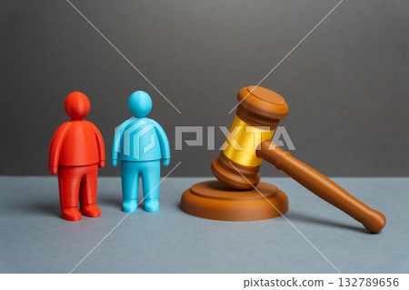 Two persons and a judge's gavel. A trial and two parties to a conflict. Resolving disputes and conflicts in court. Legal services, court proceedings, mediation, and law education materials. 132789656