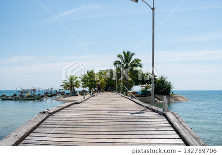 Wooden pier leading to small tropical island with palm trees and boats 132789706