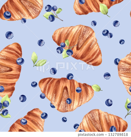 Hand-drawn illustration of a seamless pattern with delicious croissants and fresh blueberries on a blue background 132789818