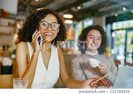 business chat scene, networking session depicted with engaged professional and relaxed surroundings 132789830