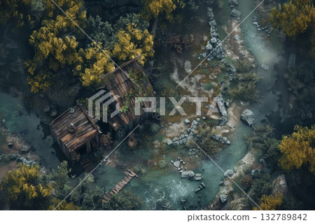 Wooden fishing house by water for DND map. Aged shack with barrels and rocks, surrounded by greenery. Great for game design. 132789842