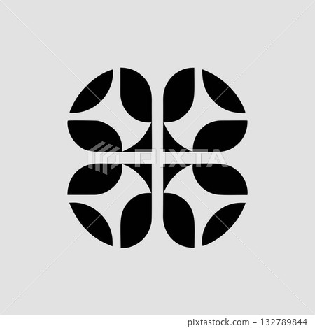 Abstract petal icon, geometric circle shape, monochrome flower design. Minimal black white ornament, simple sign of spring, growth. Creative abstract petal icon. 132789844