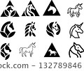 Stylized horse symbol collection, black and white logo set with unicorn elements. Abstract animal icons for equestrian or fantasy brand. 132789846