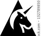 Abstract unicorn icon, strong horse profile with horn in a black negative space shape. Minimalist mystical creature logo for luxury or fantasy. 132789850