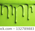Green slime dripping texture, vibrant paint dripping down on matching background. Glossy liquid flow, abstract pattern of vibrant slime. Bright green slime dripping texture. 132789883
