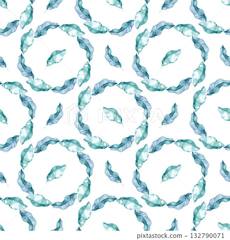 Seamless watercolor pattern featuring delicate green and blue leaves forming airy wreaths on white background. Light botanical design suitable for stationery, textiles, wrapping, and eco-style decor. Seamless watercolor pattern featuring delicate green and blue leaves forming airy wreaths on white background. Light botanical design suitable for stationery, textiles, wrapping, and eco-style decor. 132790071