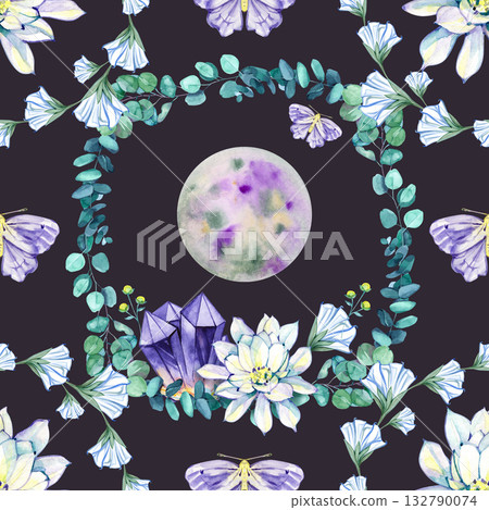 Seamless watercolor pattern featuring glowing moon, white lotus, eucalyptus branches, violet moths, and amethyst crystals. Elegant celestial print in soft blue and purple tones for boho interiors and 132790074