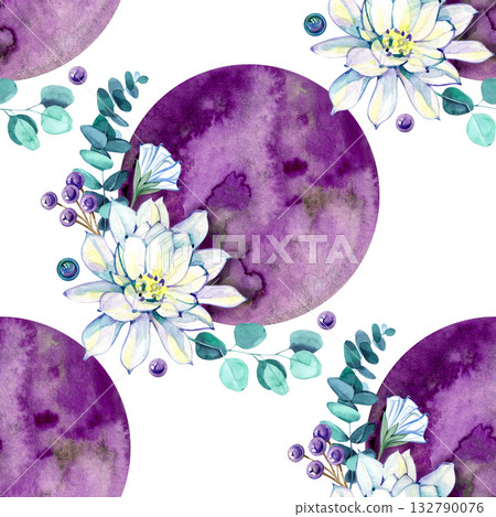 Watercolor seamless pattern with purple moons, white lotus flowers, eucalyptus leaves, and berries. Dreamy celestial floral design perfect for fabric, wrapping paper, stationery, and boho projects. 132790076