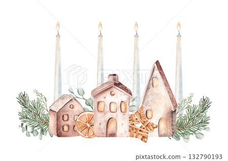 Christmas Advent Composition. Fourth Advent. Candles with Ceramic houses in Fir Branches and eucalyptus. Orange slice and Winter berries. Cozy home decoration in Rustic style. Watercolor Hand drawn 132790193