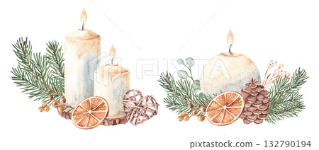 Christmas Candle Composition set with Fir Branches, dry Orange slice and Wicker Toy. Watercolor illustration isolated on white background. For Cards and Prints. 132790194