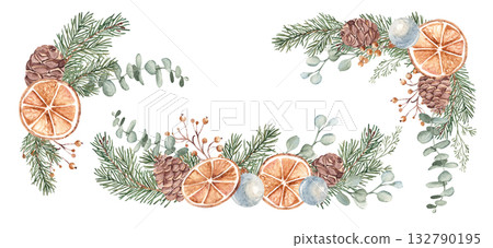 Winter plants Watercolor compositions set. Christmas or New Year bouquets. Fir Branches, Eucalyptus, Pine Cones and dry Orange slices with blue Glass Balls. Hand drawn Botanical illustration isolated 132790195