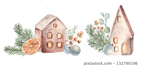Christmas Watercolor Compositions set. Ceramic houses with Fir Branches, orange and eucalyptus. Cozy home decoration in Rustic style. Hand drawn illustration isolated on a background. For Christmas or 132790196