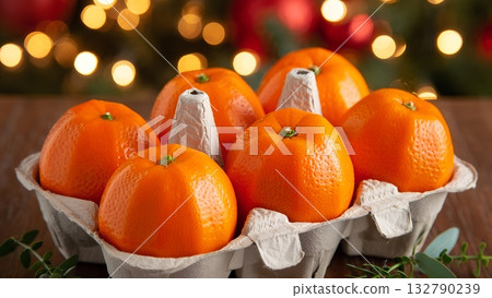 Festive christmas tangerines and clementines packed in recycled egg carton with sparkling bokeh lights in the background, perfect for holiday food and sustainable concept themes 132790239