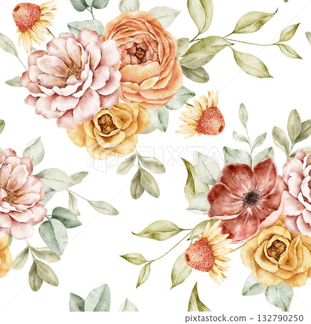 Seamless watercolor floral pattern with sunflowers, peonies, roses, and foliage in warm autumn tones. Perfect for fabric, wrapping paper, or seasonal prints. Part of Golden Hour set. Autumn flowers Seamless watercolor floral pattern with sunflowers, peonies, roses, and foliage in warm autumn tones. Perfect for fabric, wrapping paper, or seasonal prints. Part of Golden Hour set. Autumn flowers 132790250