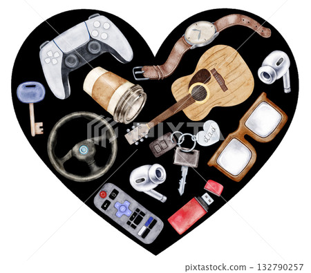 A black heart filled with modern masculine items like keys, joystick, guitar, sunglasses, and more. Perfect for postcards, Father Day gifts, or masculine-themed designs 132790257