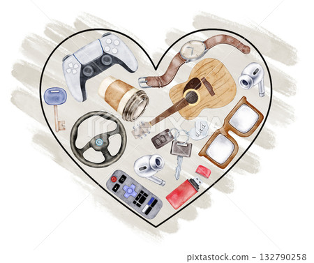 Watercolor heart with man themed objects: remote, glasses, guitar, watch, keys and more. Ideal for Father Day clipart, cards, social posts, digital designs 132790258
