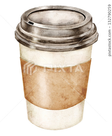 A takeaway coffee cup painted in watercolor. Simple and cozy, perfect for lifestyle illustrations, masculine clipart, cafes, and stationery products 132790259