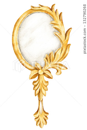 Vintage golden hand mirror with ornate baroque-style frame. Watercolor illustration isolated on white, ideal for beauty, princess, or fairy tale themed designs. 132790268