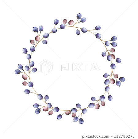 Watercolor illustration of a round wreath made of delicate blue berries and thin branches. Perfect for wedding invitation, greeting card, packaging, seasonal design, or elegant decorative project Watercolor illustration of a round wreath made of delicate blue berries and thin branches. Perfect for wedding invitation, greeting card, packaging, seasonal design, or elegant decorative project 132790273