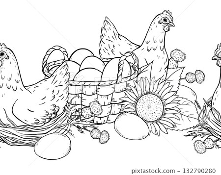 Hand drawn seamless ink line art border with hens on nests with eggs and sunflowers in rustic countryside farm style. Ideal for packaging textiles coloring pages wrapping and vintage food branding. 132790280