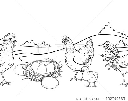 Ink line art seamless border of countryside farm with hens and rooster walking across an open rural field. Ideal for packaging, textile prints, children books, wrapping rustic branding projects. Ink line art seamless border of countryside farm with hens and rooster walking across an open rural field. Ideal for packaging, textile prints, children books, wrapping rustic branding projects. 132790285