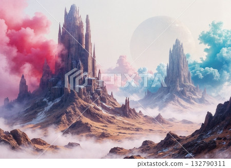 The image shows a fantastic landscape with high rocky mountains and a castle shrouded in fog The image shows a fantastic landscape with high rocky mountains and a castle shrouded in fog 132790311