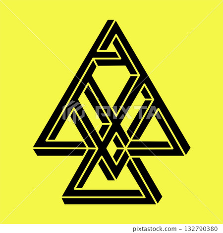 Impossible shapes. Sacred geometry. Optical illusion figure. Abstract eternal geometric object. Escher style. Impossible endless outline. Op art. Impossible geometry shape on a yellow background. 132790380