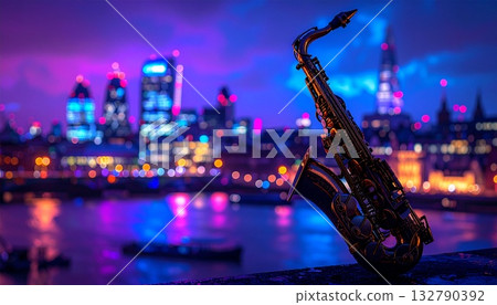 霓虹藍和紫色的模糊城市景觀和薩克斯風 霓虹藍和紫色的模糊城市景觀和薩克斯風 132790392