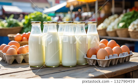 Glass bottles of white milk and brown eggs on a wooden table at a market dairy farm fresh Glass bottles of white milk and brown eggs on a wooden table at a market dairy farm fresh 132790459