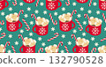 Christmas hot cocoa drink seamless pattern. Red cup of hot chocolate with marshmallows, chocolate and candy canes 132790528