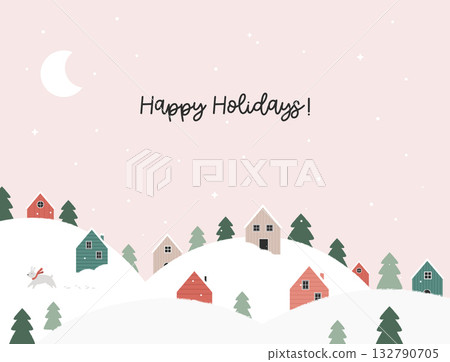 Winter Village Landscape with Snowy Hills and Cozy Houses in Minimal Nordic Style 132790705
