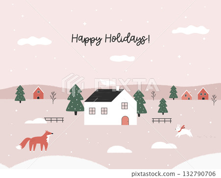 Happy Holidays Greeting Card. Cozy Winter Landscape with Cute White House, Fox, Rabbit. Horizontal Christmas Scene Illustration. Happy Holidays Greeting Card. Cozy Winter Landscape with Cute White House, Fox, Rabbit. Horizontal Christmas Scene Illustration. 132790706