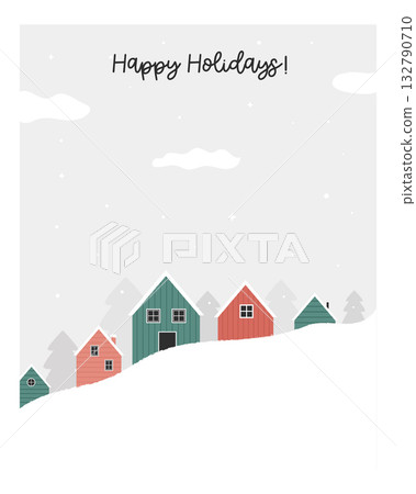 Happy Holidays Winter Village Scene. Cute Minimalist Houses and Pine Trees on Snowy Hill. Simple Christmas Greeting Card Illustration 132790710