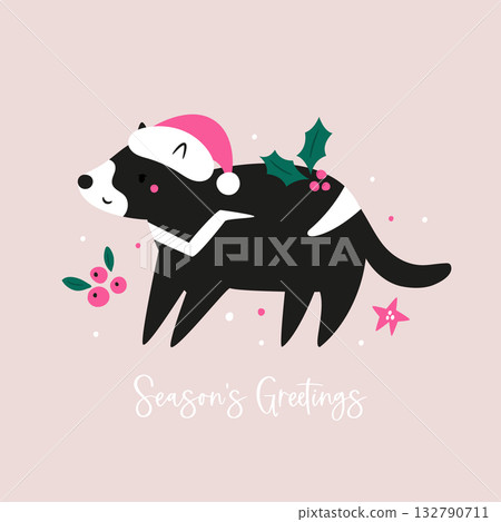 Season's Greetings. Cute Cartoon Tasmanian Devil Wearing Santa Hat 132790711