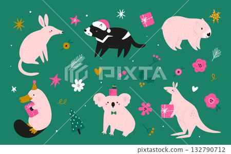 Set of Cute Christmas Australian Animals. Collection of Koala, Kangaroo, Platypus, and Wombat with Festive Holiday Decorations 132790712