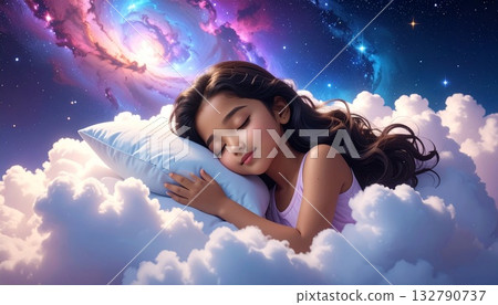 一幅插圖，描繪了一個女孩舒適地睡在漂浮於美麗星系中的蓬鬆雲朵上。 132790737