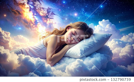 一幅插圖，描繪了一個女孩舒適地睡在漂浮於美麗星系中的蓬鬆雲朵上。 132790739