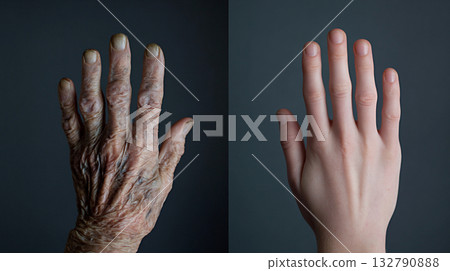 Old and young hands side by side, showcasing the contrast between generations, highlighting the beauty of aging and youth in a striking visual representation of life stages Old and young hands side by side, showcasing the contrast between generations, highlighting the beauty of aging and youth in a striking visual representation of life stages 132790888