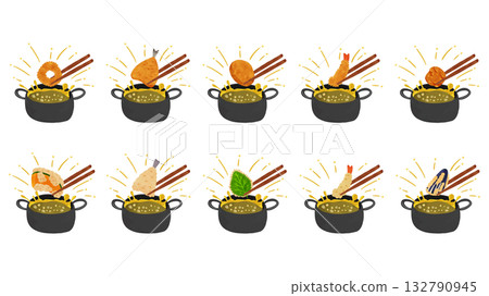 Frying pan with splashing oil and fried tempura set. Watercolor style hand-drawn vector illustration Frying pan with splashing oil and fried tempura set. Watercolor style hand-drawn vector illustration 132790945