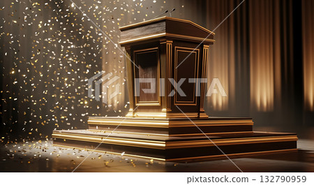 Empty wooden podium with gold trim and falling confetti stage speech 132790959