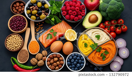Salmon eggs raspberries blueberries avocado tomatoes broccoli nuts and beans assortment 132790972