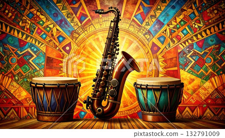 插圖以充滿活力的非洲幾何圖案為背景，中心是爵士薩克斯風和康加鼓。 132791009