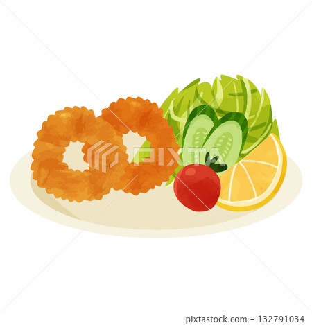 一盤魷魚圈，水彩風格手繪向量圖 132791034