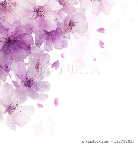 紫色的櫻花和淡雅的水彩背景。一幅優雅的櫻花插畫，春意盎然，花瓣翩翩起舞。 132791035